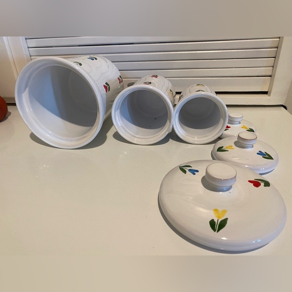 Vintage Tulip Canisters Set Of 3 With Lids Made in Italy Pottery Glazed - Picture 3 of 10